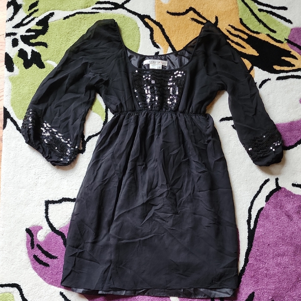 Studio M Black Ruched Sundress with Bishop Sleeves